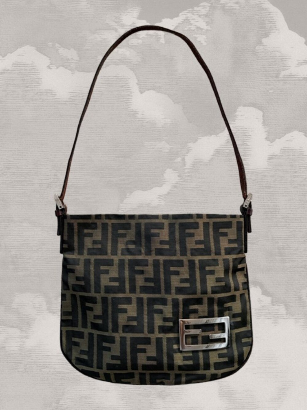FENDI Zucca Mini Shoulder Bag canvas baguette Logo Brown Silver Y2K Slouch